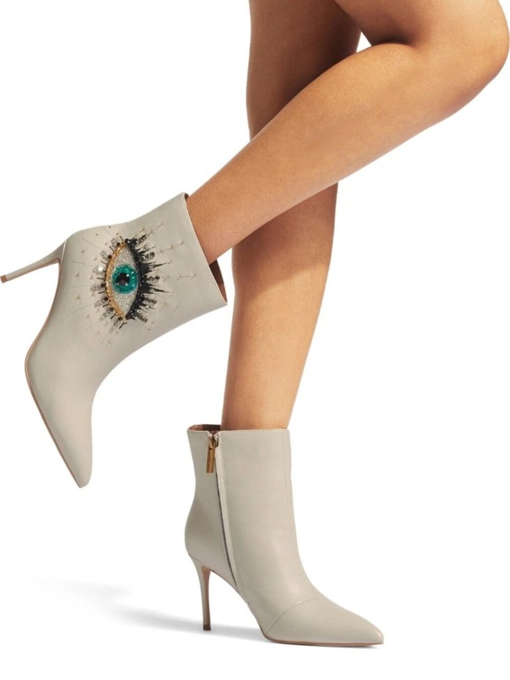 Kurt Geiger Belgravia White Leather Eye Embellishment Ankle Booties SZ 38 NEW
